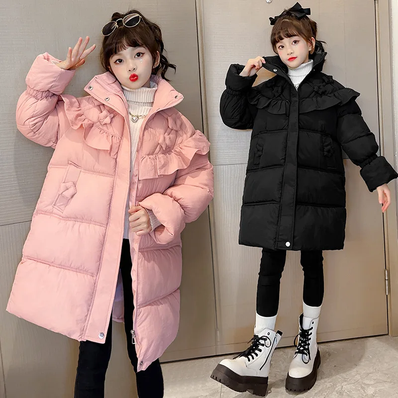 ZOETOP Winter Junior Girl Long Cotton Jacket Teenager Girl Lace High Collar Thicken Parka School Girl Winter Warm Outwears