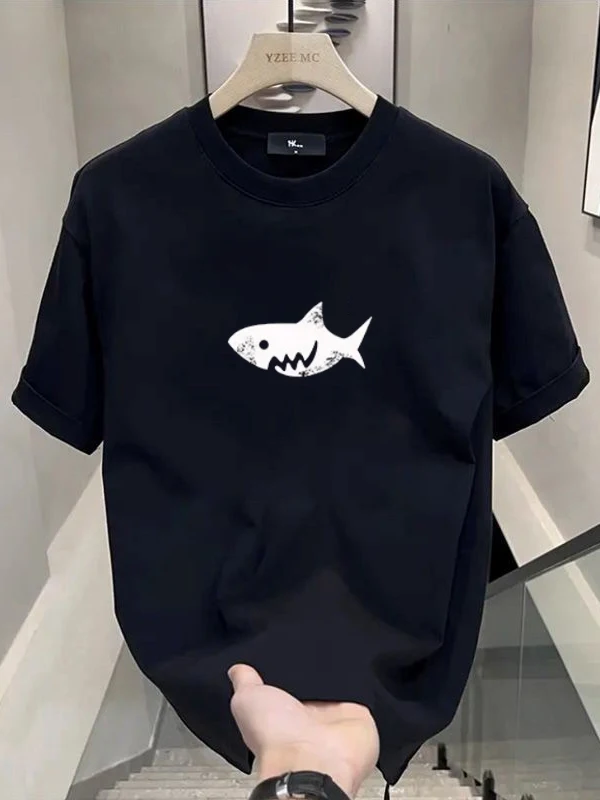 

Pure Cotton Trendy Brand American Ruffian T-shirt Trendy Shark Print Men's Summer Round Neck Loose