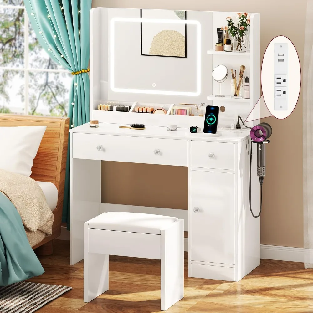 

Makeup Vanity Desk with Mirror and Lights, Vanity Set with Mirror and Stool and Lights 3 Color, White Vanity Desk with Drawers