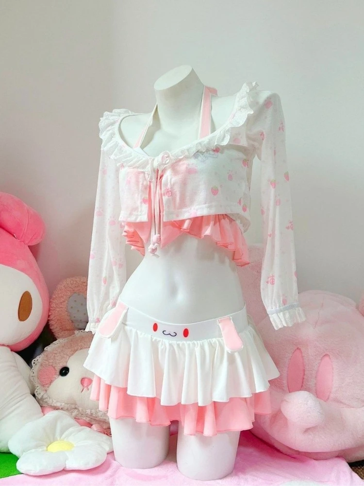 2026 Sweet Kawaii 2 Piece Mini Bikini Skirt Set Women Halter Neck Bow Ruffle Hem Bunny Embroidery Slim Fit Beach Vacation Outfit