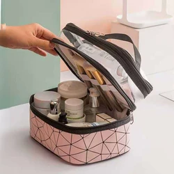 Double-layer Cosmetic Bag for Women Travel Portable Makeup Organizer Wash Case Big Capacity Multi-functional PU PVC Lattice New