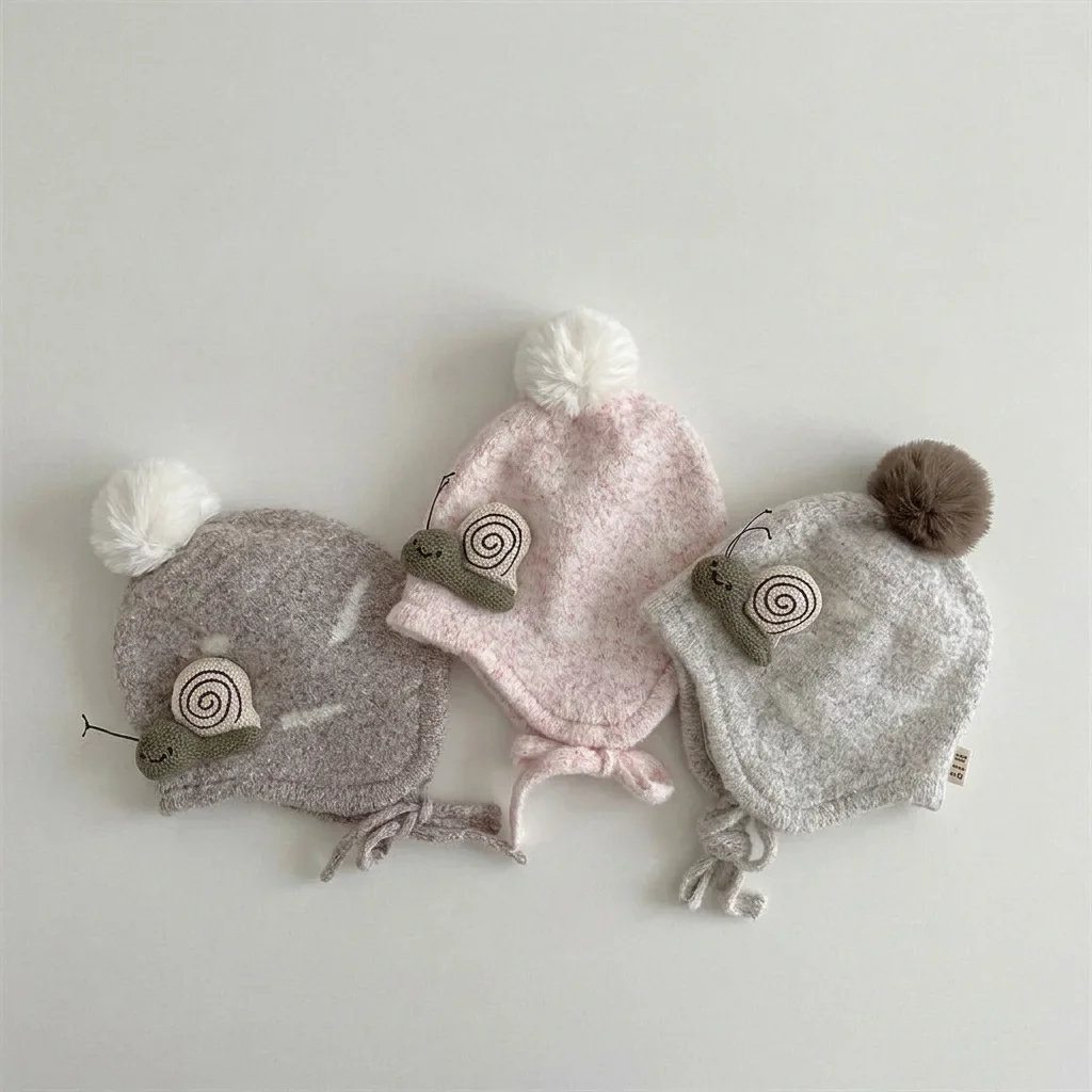 Warm Knitted Cotton Hat with Ties Fleece Lined Ear Protection Cute Ball Design Overhead Style Windproof Children's Winter Cap