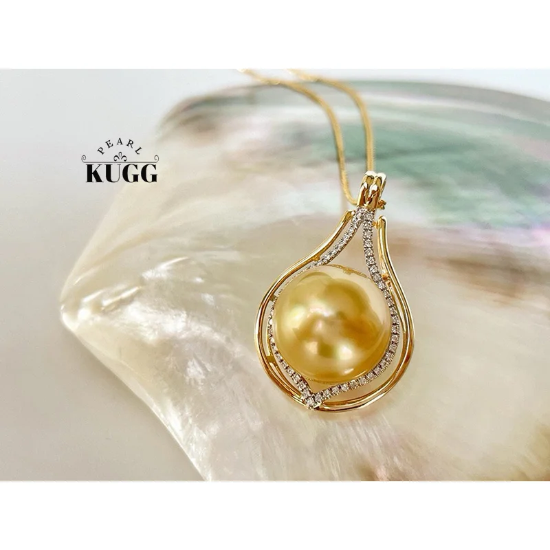 KUGG PEARL 18K Yellow Gold Pendant Elegant Style 12-13mm Natural Sea Gold Pearl Pendant for Women Wedding High Party Jewelry