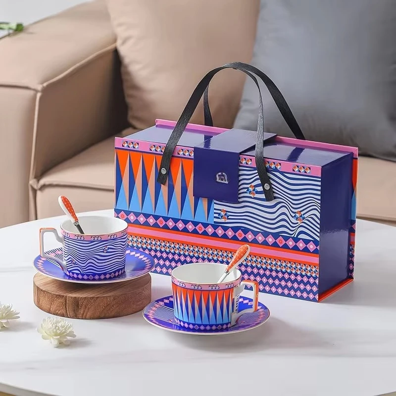 Light luxury retro ceramic coffee cup gift box set geometric pattern durable afternoon tea saucer matching cup couple