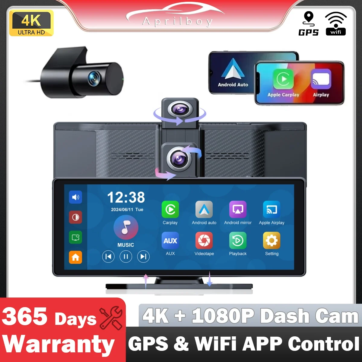 Aprilboy C4 10.26'' 4K Car DVR Wireless CarPlay Screen Dash Cam Android Portable GPS Navigation Dashboard Rearview Mirror Camera