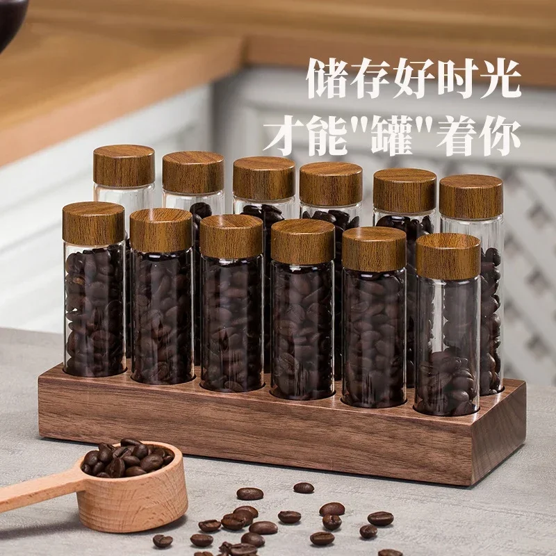 Coffee Beans Storage Container Display Rack Walnut Tea Tube Bottle Glass Espresso Coffee Accessories Tool Barista Coffeware Sets