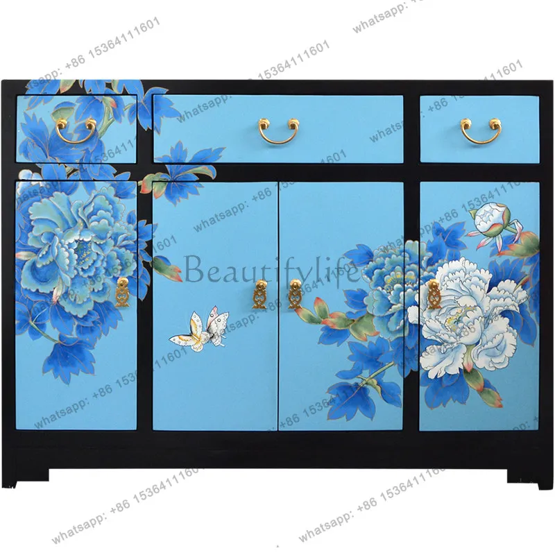 Designer New Chinese-style entrance cabinet Painted peony flower decorative cabinet Three buckets and four doors