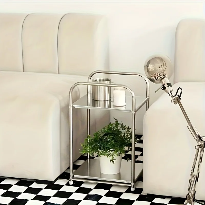 Modern Stainless Steel Side Table Silvery Nightstand Home Storage Shelf for Sofas And Kitchens Practical Shelving Unit image 3