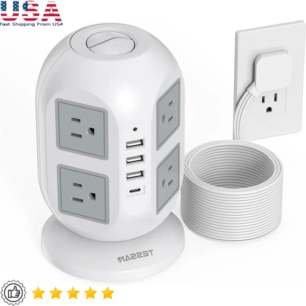

Listwa zasilająca Tower с 8 розетками переменного тока и 4 USB-портами Плоский удлинитель длиной 15 футов Защита домашнего офиса