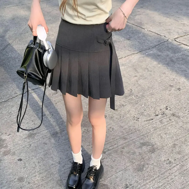 

Preppy Style Pleated A-Line Mini Skirts Spring Summer Fashionable Tie Detail Female Clothing Solid Color Basic High Waist Skirts