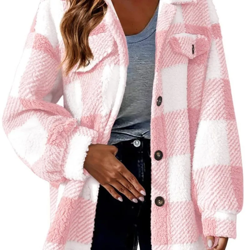 

Womens Plaid Jacket Long Sleeve Lapel Button Autumn Winter Fashionable Loose Comfortable Casual Commuting Style Warm Fleece coat