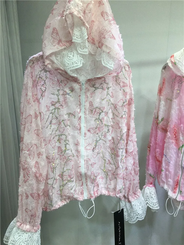 Casaco curto f leve e respirável com renda de morango, estilo verão, com detalhes brilhantes de diamantes e caimento s...