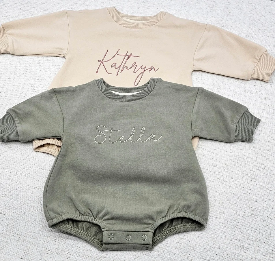 Personalized Sweatshirt Romper - Neutral Embroidered Toddler Clothes - Pregnancy or Baby Name Announcement - Newborn Baby Gift