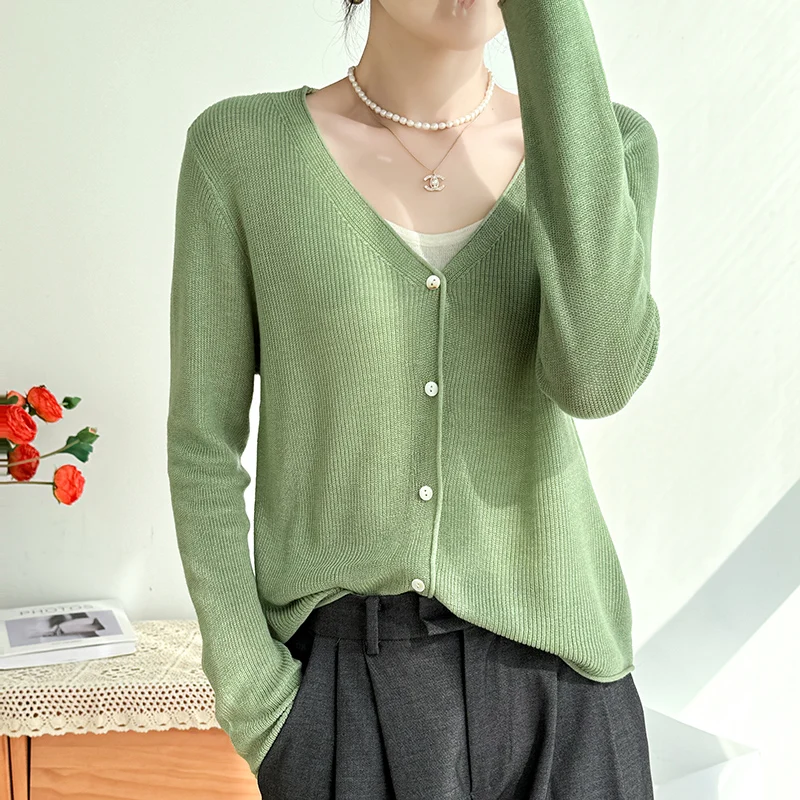 Spring Summer Layon Linen Ice Cardigan Sweater Women V Neck Solid Curl Up Sunscreen Female Long Sleeve Top Fashion Knit Cardigan