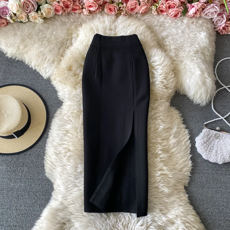 Faion High Waist  Color Midi Skirt Slimming Elastic Slit One Step OL Busin Bodycon Skirt Young Women Commute Sle