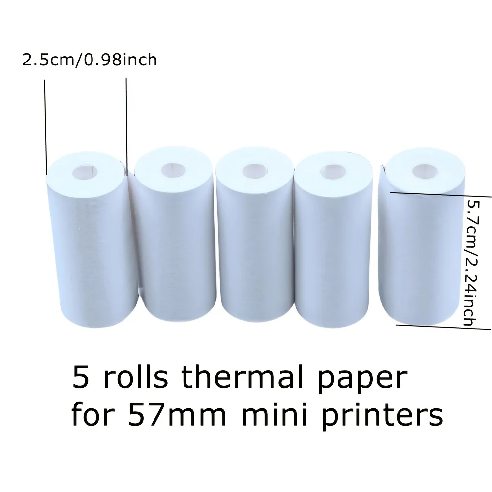 5 Rolls White Matte Thermal Paper 57mm 70gsm Biodegradable Refills for Mini Printers & Ink-Free Cameras, Eco-Friendly Photo Roll