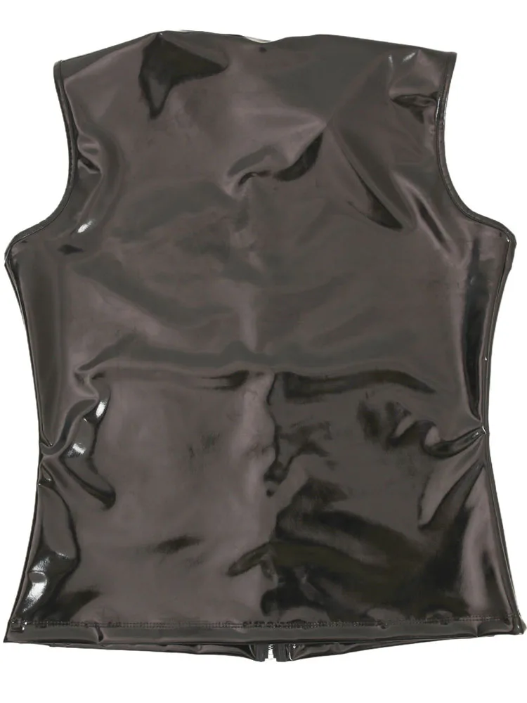 S-3XL Wet Look PVC Sleeveless Zipper Shirt Shiny PU Leather Tank Top Vest Tights Waistcoat Weskit Stand Collar Tanktop Shapers