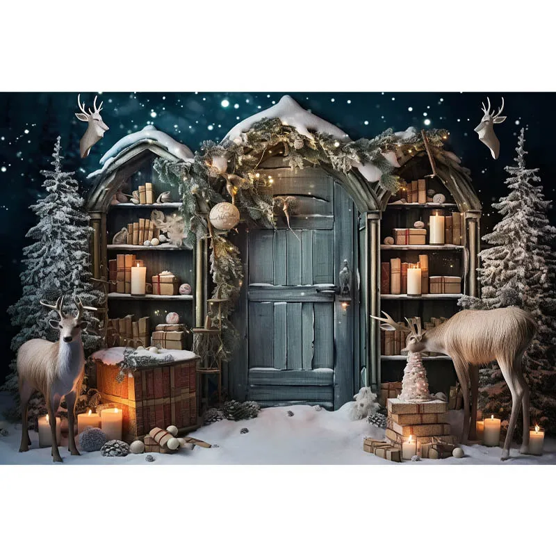 Mocsicka Fantasy Christmas Background Moose Walking Into House Candles Xmas Tree Bookshelf Winter Forest Family Party Backdrop