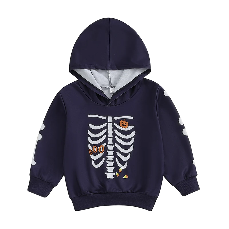 Toddler Halloween Hoodies Casual Long Sleeve Skeleton Spider Print Hooded Sweatshirts Fall Winter Tops