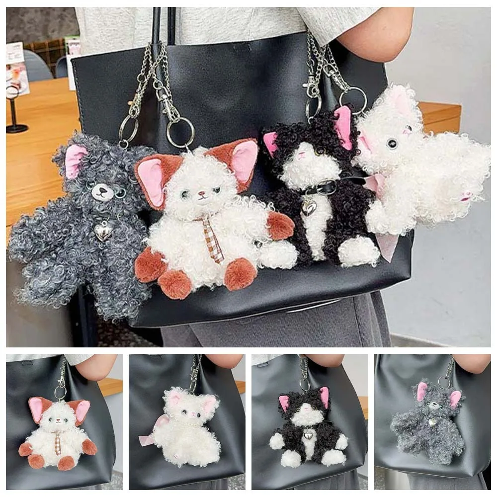 Devon Rex Cat Plush Keychain Bag Hanging German Cat Cartoon Cat Plush Doll Decor Curly Hair Animal Plush Car Keyring Kid Girls