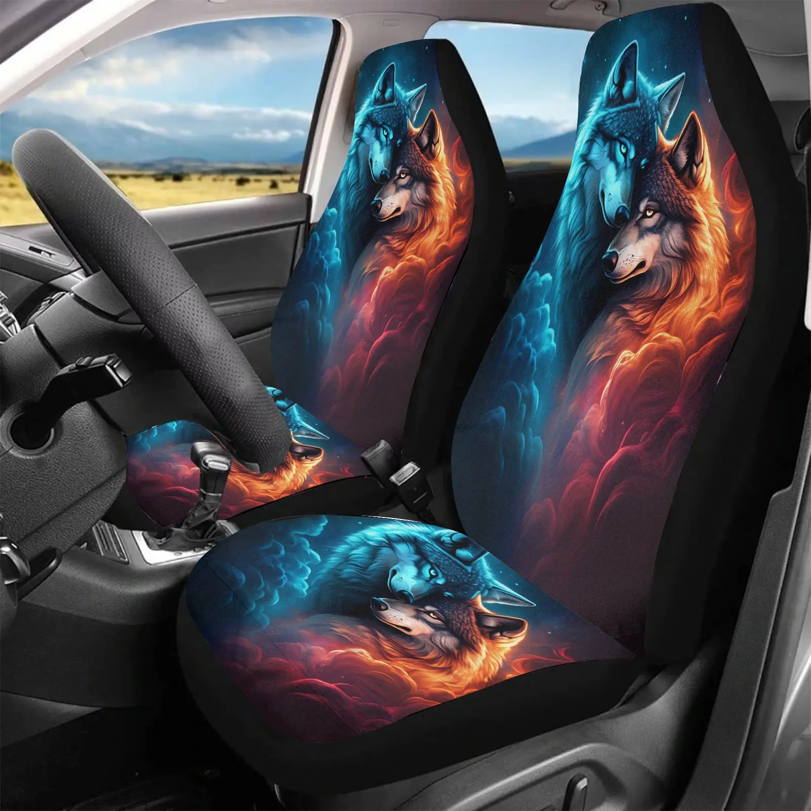 Car Seat Covers Black Wolf Fire And Ice Print For Car Interior Protection And Decoration