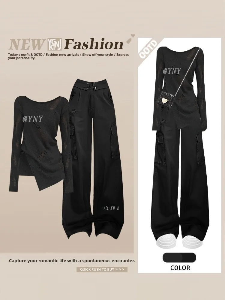 

Elegant Hollow out Long Sleeve Thin T-Shirt High Waist Wide Leg Workwear Pants Women's Fashion Set Autumn New Arrival