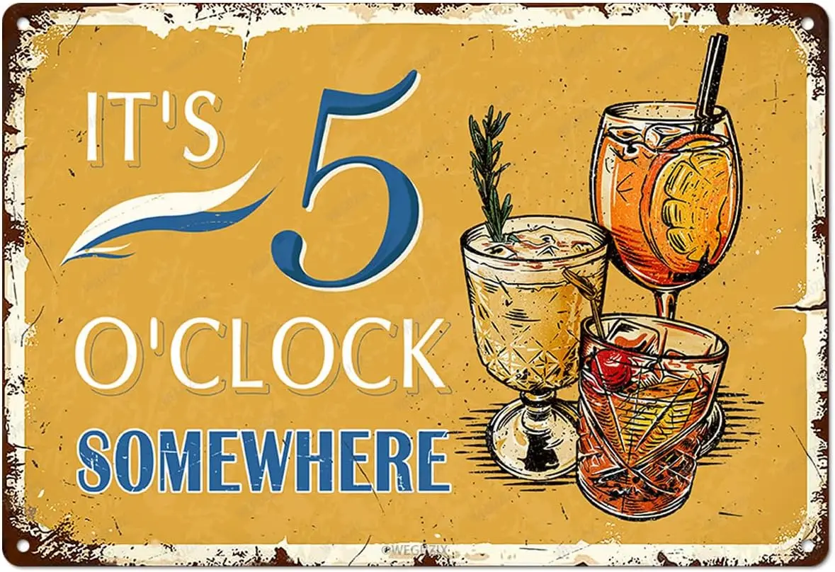 Vintage Metal Signs Wall Decor It's 5 O'clock Somewhere Retro Sign for Outdoor Indoor Home Beach Garden Tub Bar Farmhous