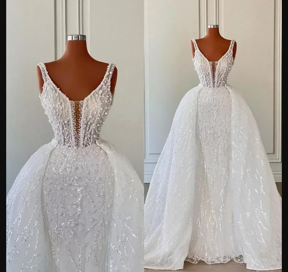 Customized  Spaghetti Straps Pearls Wedding Dress With Detachable Train Robe De Mariee Real Photo Vintage Bridal Gown