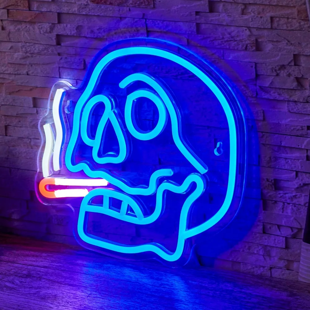 Skull LED neon sign for bars, man caves, clubs, bedrooms, party indoor decoration, USB powered blue smoking skull light sign 10