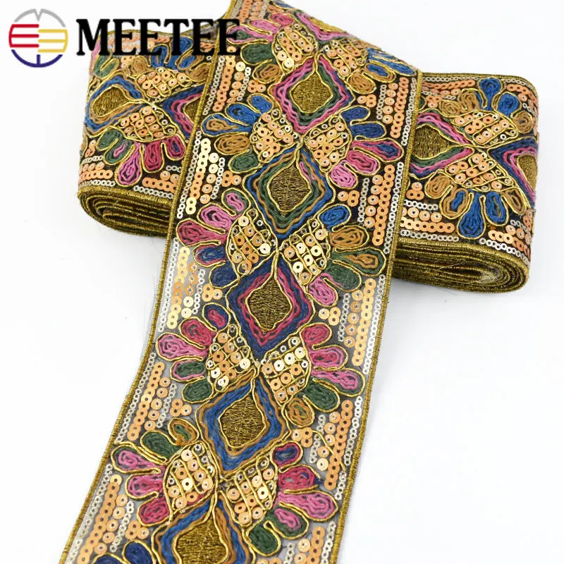 

2/5meters 103mm Sequins Embroideried Lace Trims Ribbon Ethnic Webbing Tapes for Clothes Bag Shoes Decor DIY Sewing Accessories