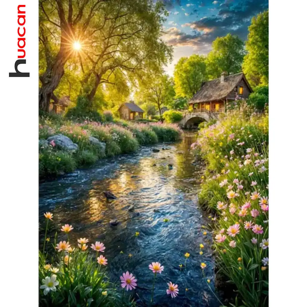 Huacan DIY-Diamantgemälde, Naturlandschaft, 5D-Fluss-Stickset, Baumhaus, Mosaik, neue Kollektion 2025, Bastelset