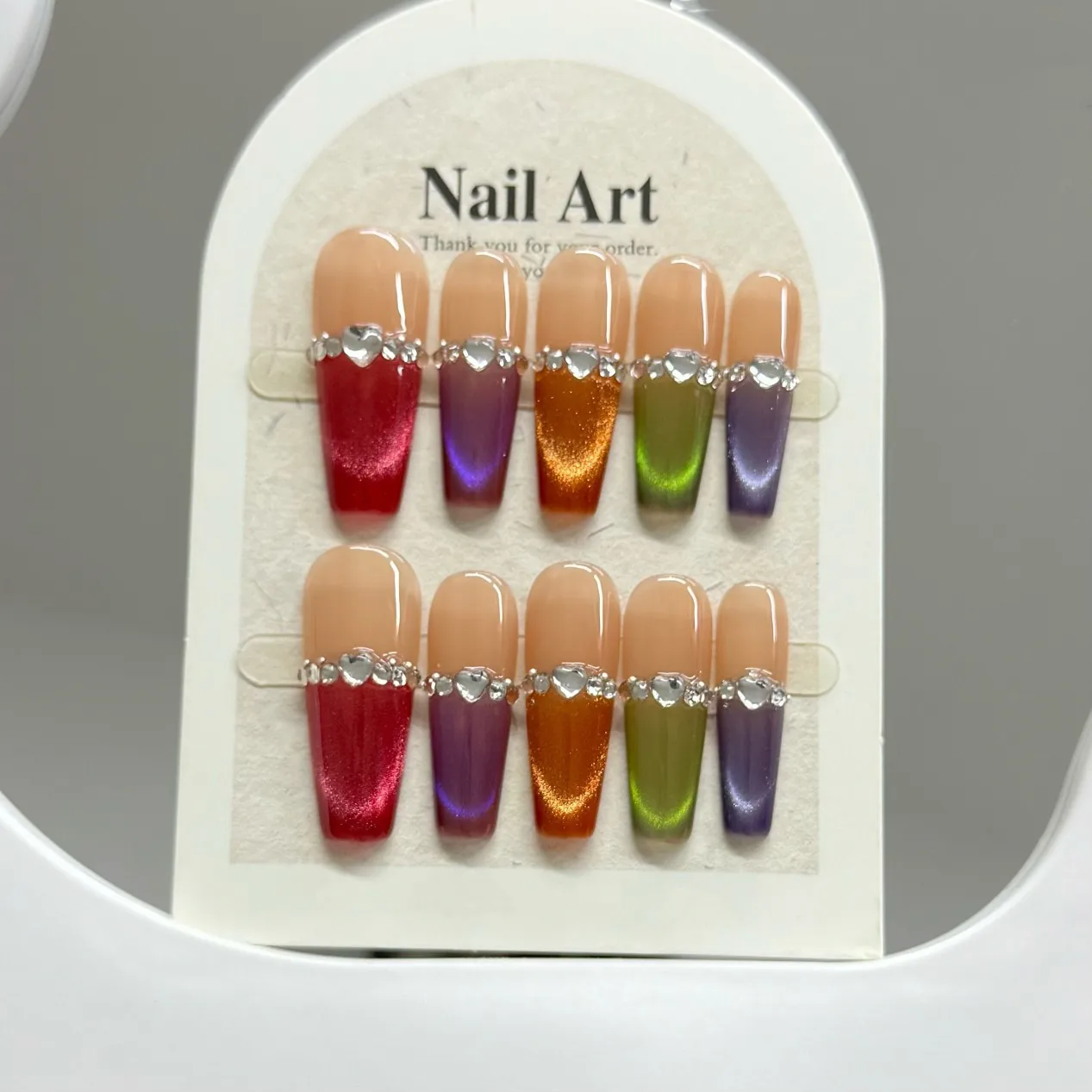 Easy-Apply Press On Nails Rainbow Gradient for Wedding Party Resin Long Trapezoid Cat Eye French Tips Crystal Accents