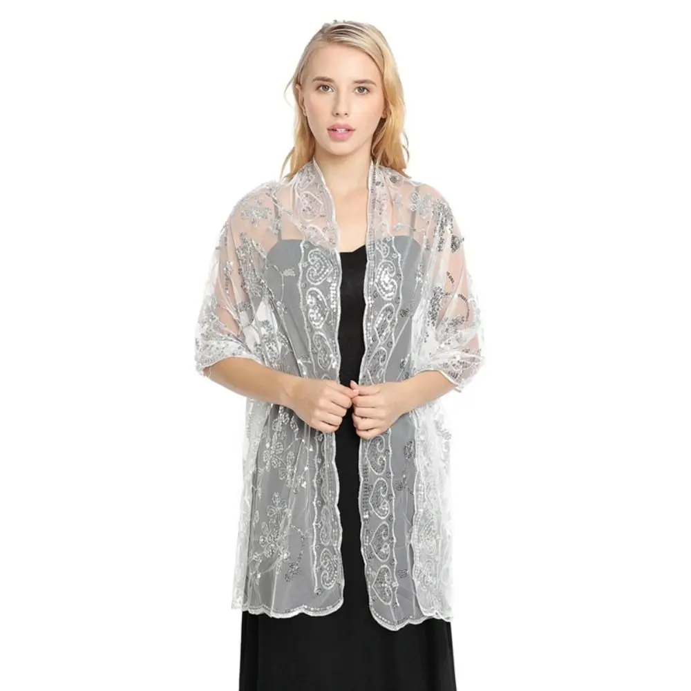 Fashion Sheer Embroidery Sequins Shawls Tulle Hollow Out Tassel Wrap Multicolor Dance Accessories Evening Dress Scarf Bride