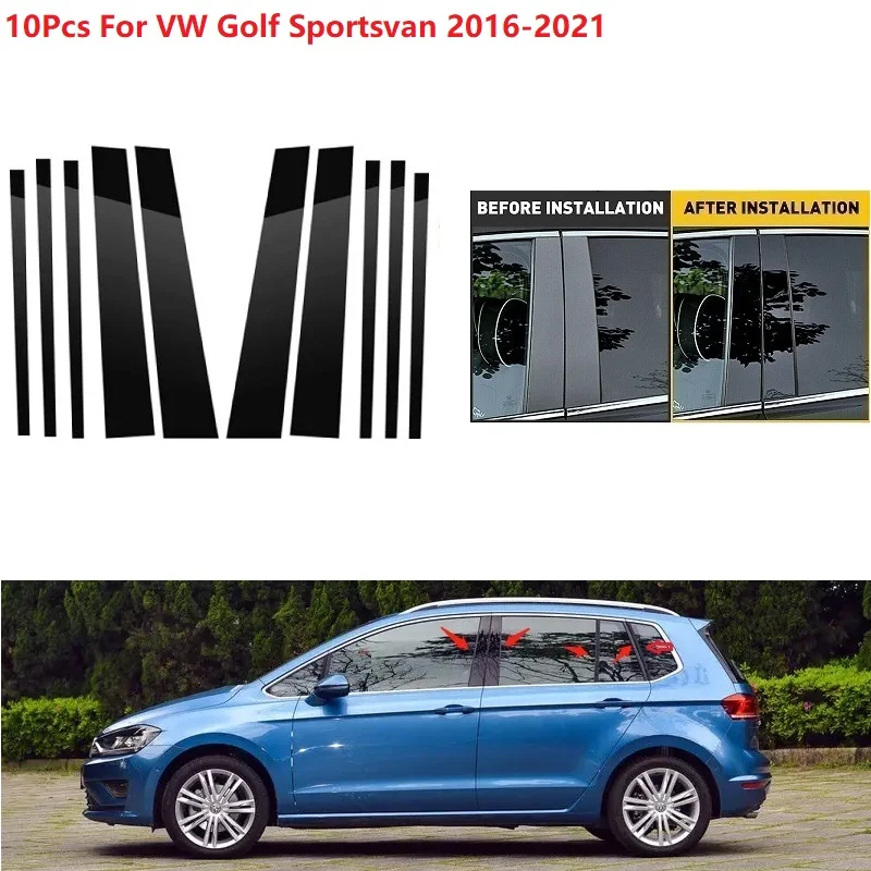 For VW Golf Sportsvan 2016-2021 10PCS Bright Black/Carbon Fiber Car Door Pillar Posts Trim Cover BC Column Sticker