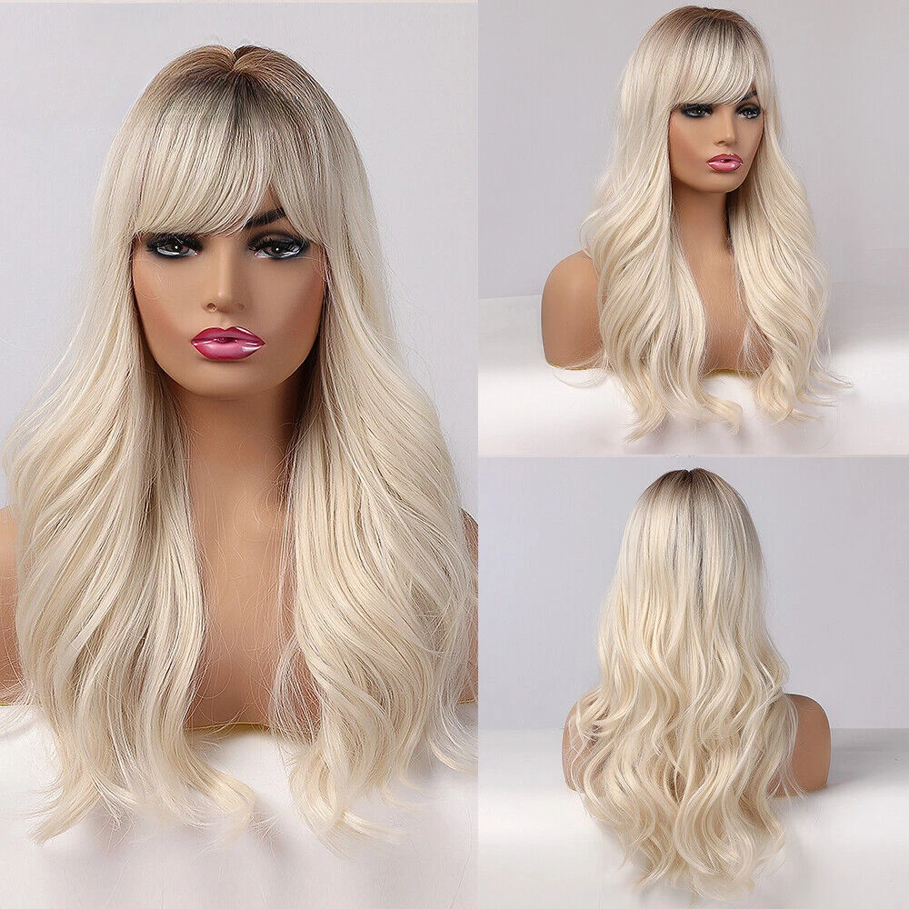 

Long Women with Bangs Ombre Brown Platinum Blonde Hair Daily Party Wig