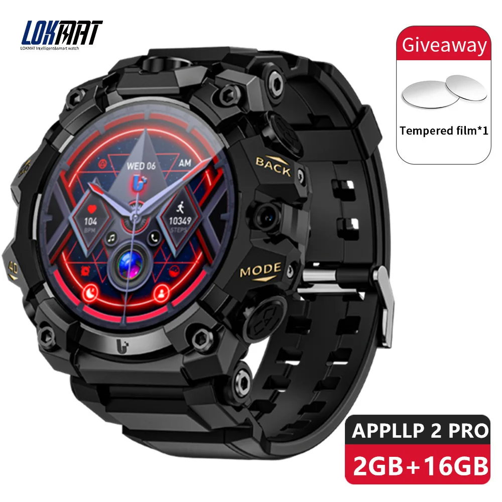 LOKMAT New APPLLP 2 PRO Rugged Sport Android Smart Watch Phone Dual Camera Video Calls Wifi Fitness 4G Watch Amoled Round Screen