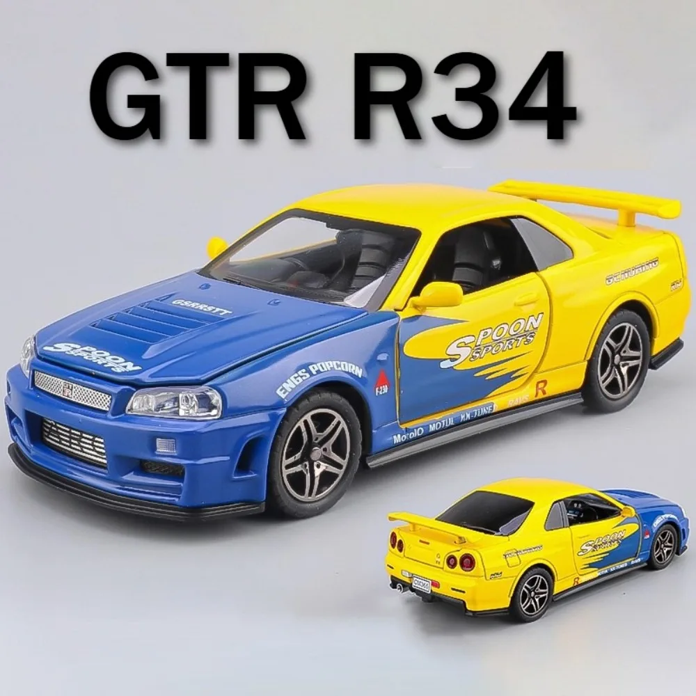 รถโมเดลของเล่น GTR R34 R35 ขนาด 1:32 ประตูเปิดได้ มีเสียง มีไฟ แบบดึงหลัง ผลิตจากโลหะ ของเล่นจำลองรถยนต์ ของขวัญสำหรับเด็ก