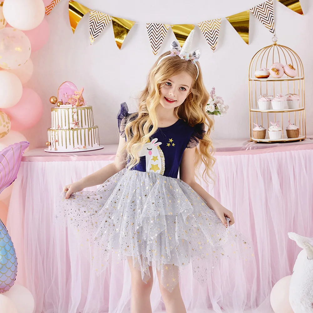 VIKITA Girls Unicorn Appliqued Cartoon Dress Kids Flare Sleeve Summer Dresses Girls Princess Mesh Tulle Tutu Layered Party Dress