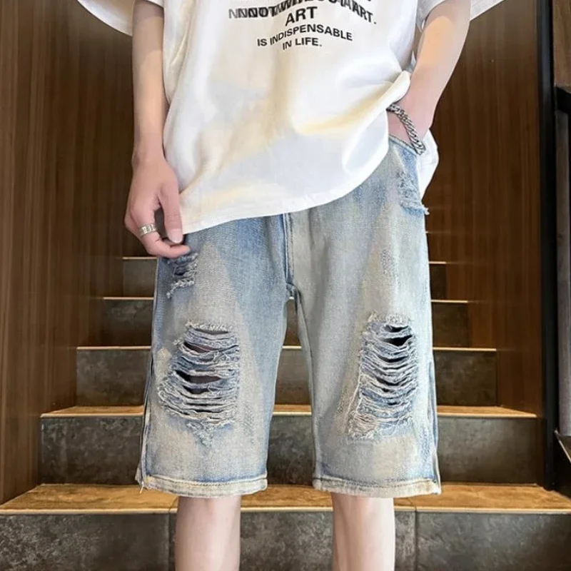 

Bermuda Long Half Loose with Pockets Wide Man Denim Shorts Split Ripped Baggy Rude Luxury New in Emo Short Jeans Pants for Men