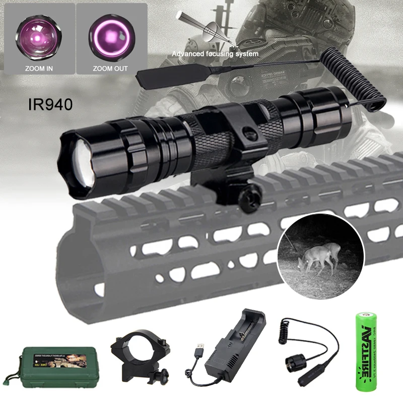 Tactical IR Night Vision Flashlight Zoomable 940nm Zoomable LED Hunting Trainning Torch with Rifle Scope Clip Mount