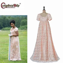 Cosplaydiy Dress Edwina Sharma Cosplay Costume High Waistline Regency Era Ball Gown Dress Costume Pink Party Gown