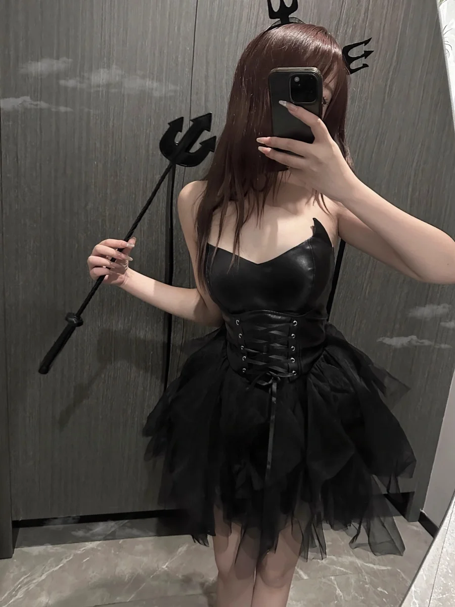 Loween Oryginalny Demon Cosplay Skórzana Spódniczka Czysta Pokusa Wiedźma Sexy Pikantna Dziewczyna Dr k Sle Spodnie z Paskiem Wyszczuplające w Talii