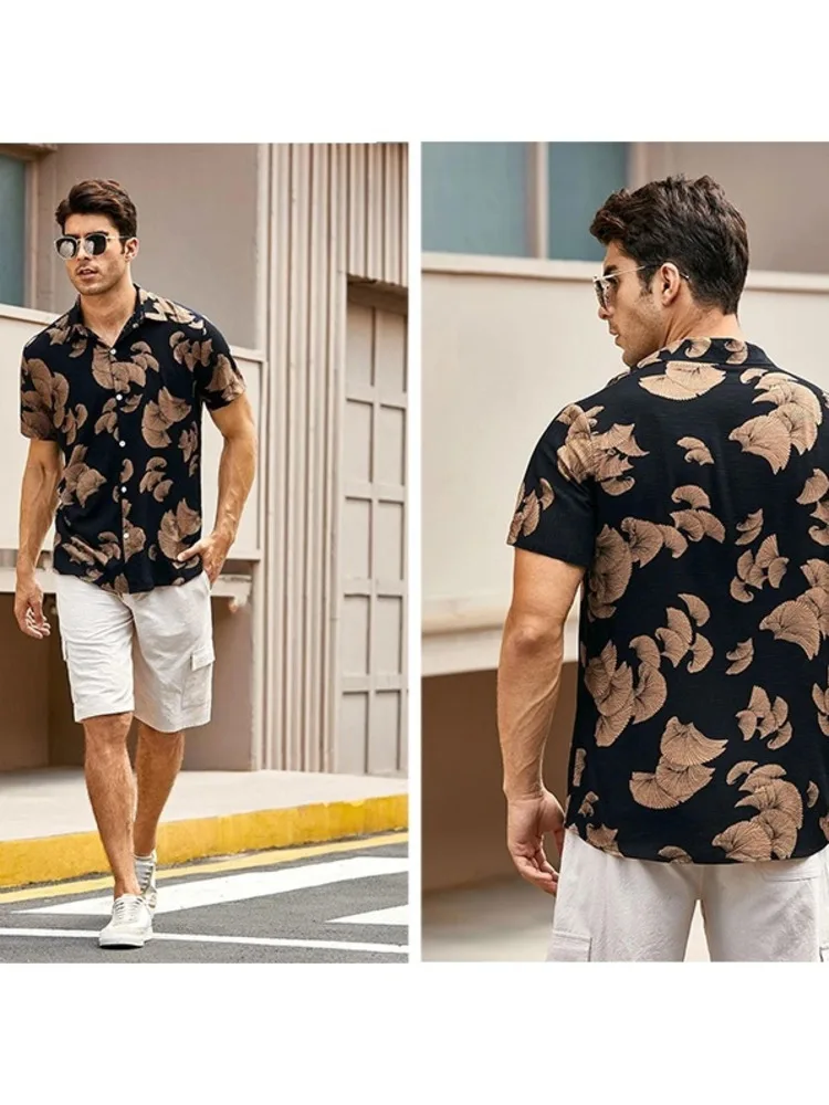 Men's Summer Black&Gold Short-sleeved Allover Printed Floral Shirt Viscose Loose Lapel Button Up Beach Hawaii Trend Tops Plus