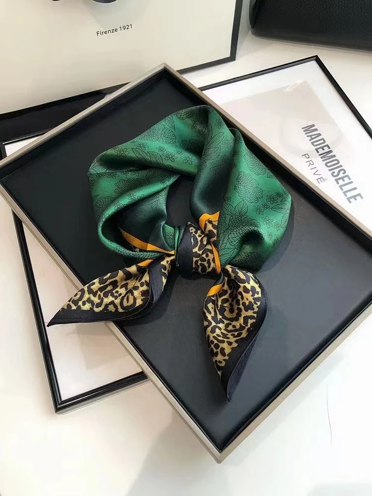 BYSIFA| Brand Square Scarves Hijabs Spring Fashion Leopard Printed 100% Pure Silk Neck Scarf Sweet Headband Gold Green 70*70cm