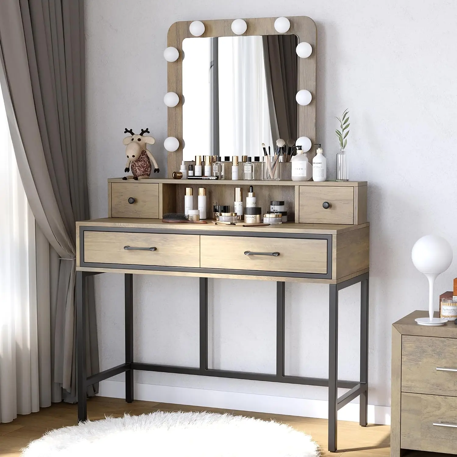 RoyalCraft Vanity Desk with Mirror and Lights, Makeup Vanity with 3 Color Dimmable Lighted Hollywood Mirror, Brown Makeup Table