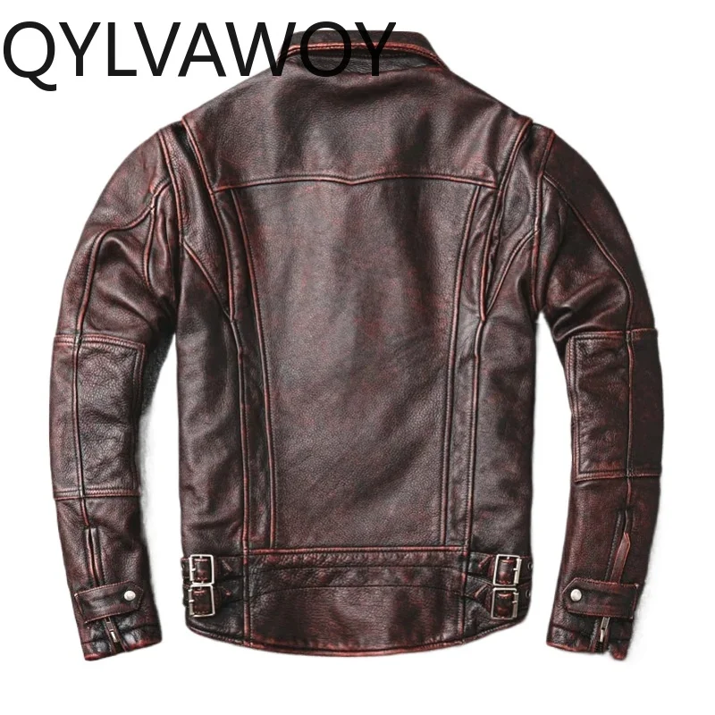 QYLVAOWY Top Layer Cowhide Genuine Leather Jacket Men New Spring Autumn Real Leather Coat Vintage Distressed Tailed Hem abrigos