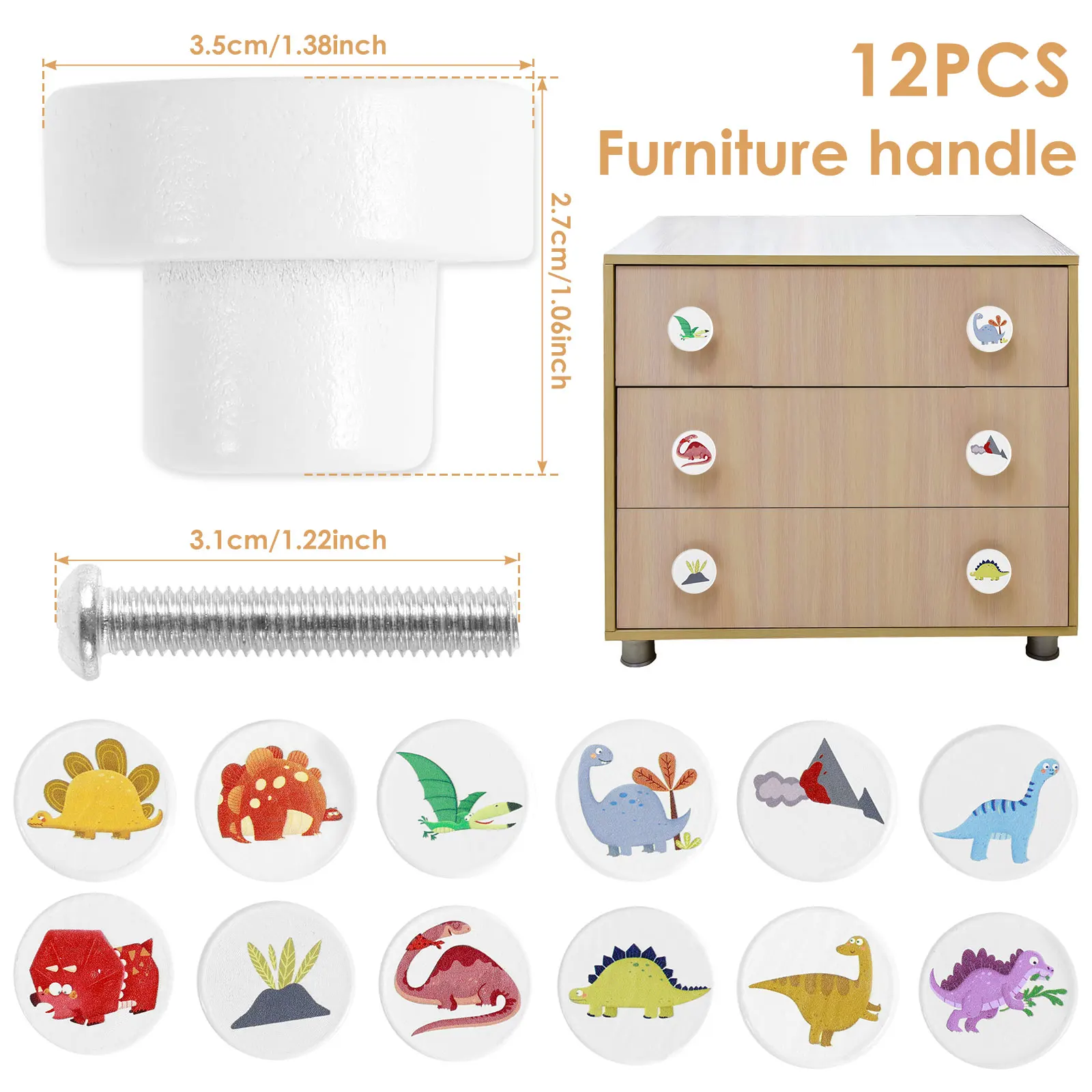 12Pcs White Wooden Drawer Knobs with Screws 35mm Dinosaur Pattern Round Dresser Knobs Decorative Wood Cabinets Handles Creative