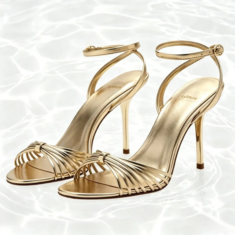 Fashion Hollow Narrow Band Heeled Sandals Women Unique Metal Decorative Ankle Straps Buckle Elegant Banquet Dress Shoes Sandalia