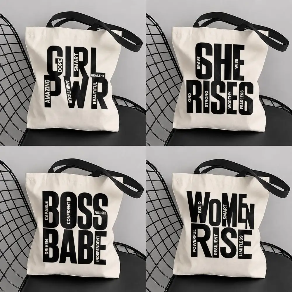 Empowered Girl Energy Storage Bags Large Capacity Canvas Tote Bag Reusable Shoulder Handbag for Daily Shopping Travel