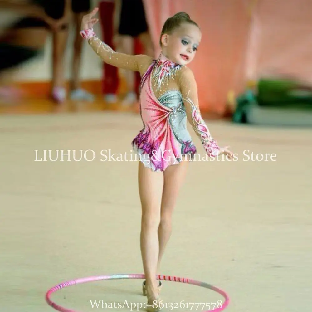 Body da ginnastica ritmica fatti a mano body da donna rosa a maniche lunghe Ice Figrue Skating Dancewear Competition Dress